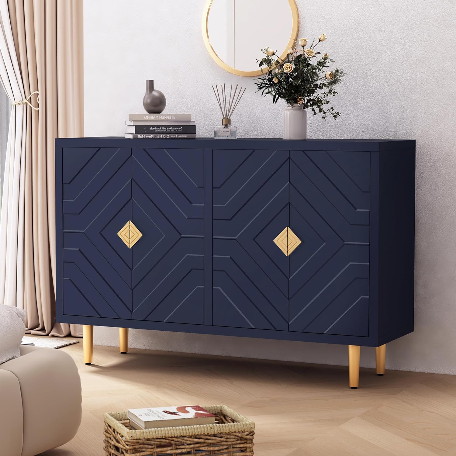 HLR® 48'' Buffet Cabinet with 4 Doors and Shelves, Modern Credenza Storage Cabinet