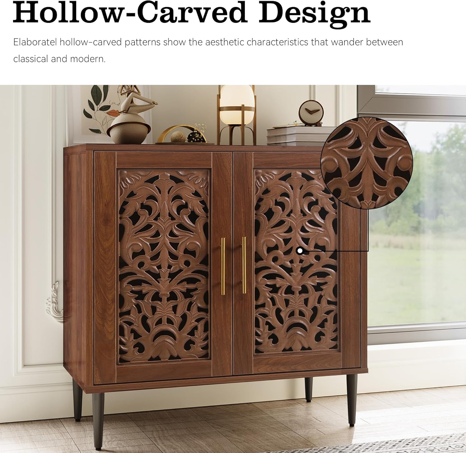 HLR® Accent Cabinet with 2 Doors, Vintage Hollow Carving Buffet Cabinet, Sideboards and Buffets