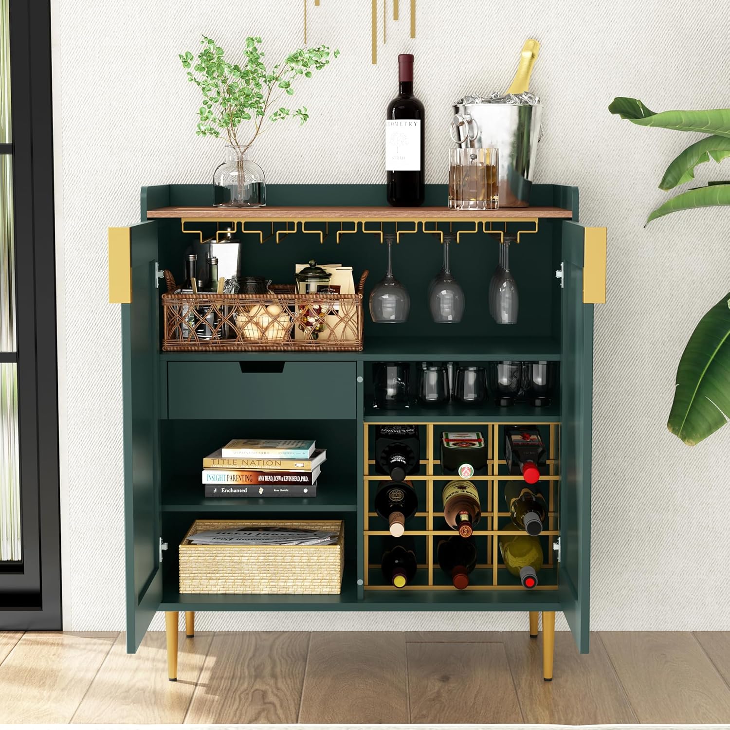 HLR® Coffee Bar Cabinet with Wine Racks, Green Liquor Cabinet with Fluted Texture