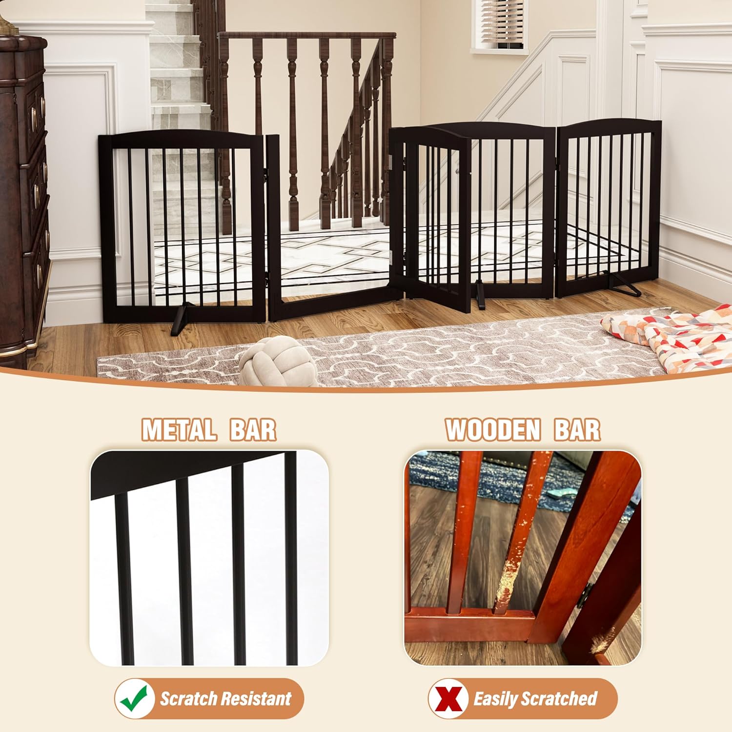 HLR® Freestanding Dog Gate with Door, Pet Gate for Stairs, 80 inch Wide Pet Barrier Indoor