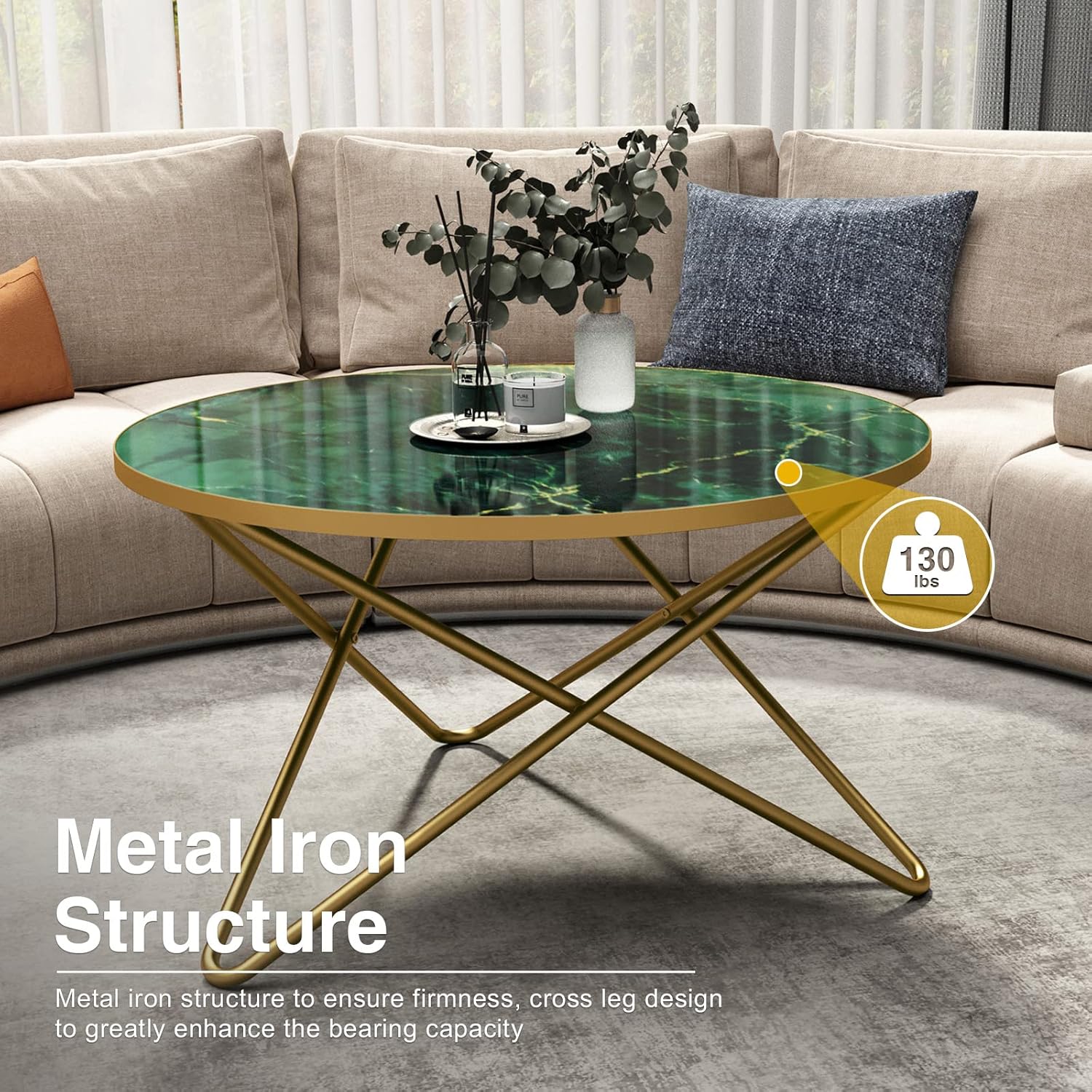 HLR® Round Coffee Table with Green Faux Marble Top
