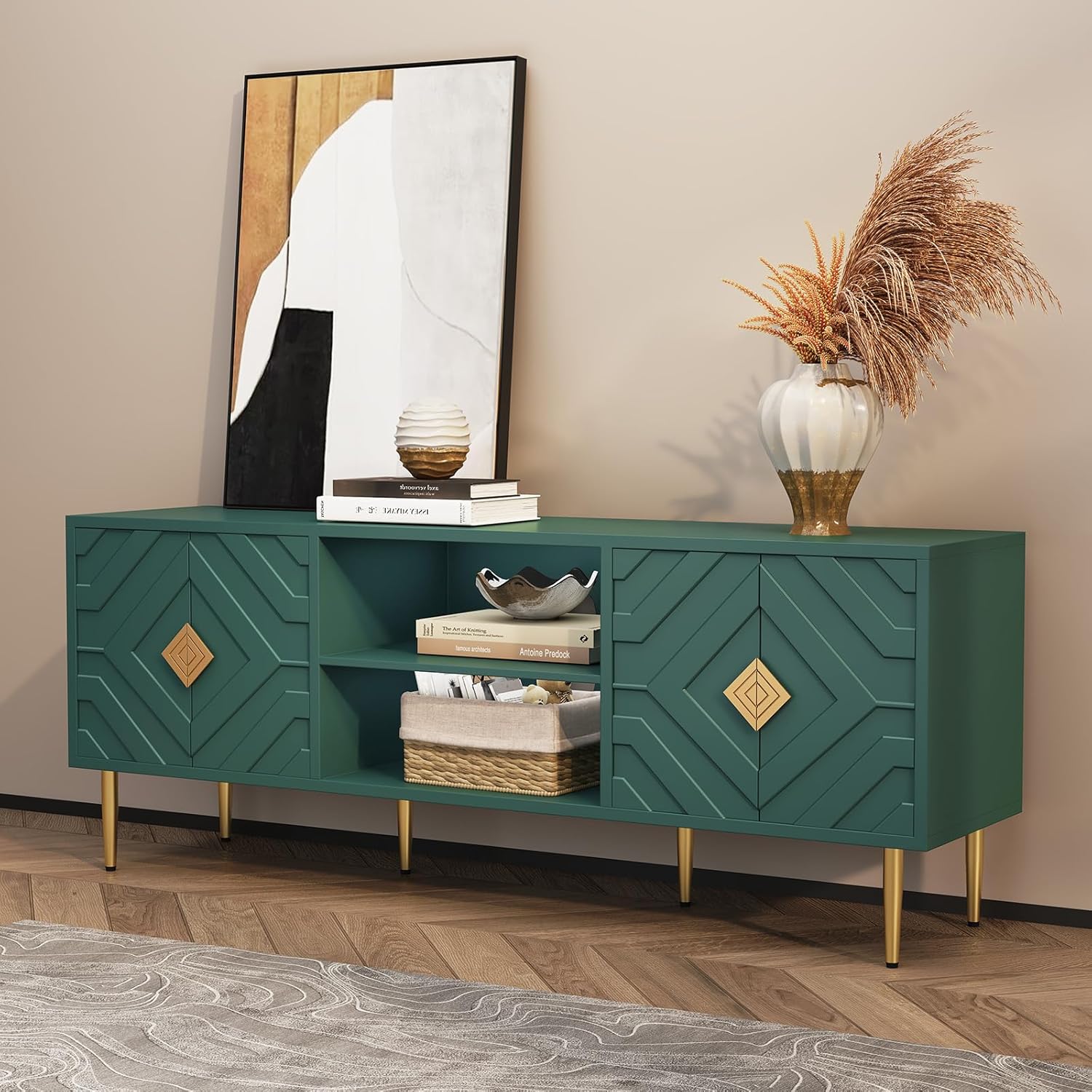HLR® Modern TV Stand for 65/70/75 inch TV, Entertainment Center with Storage Cabinet