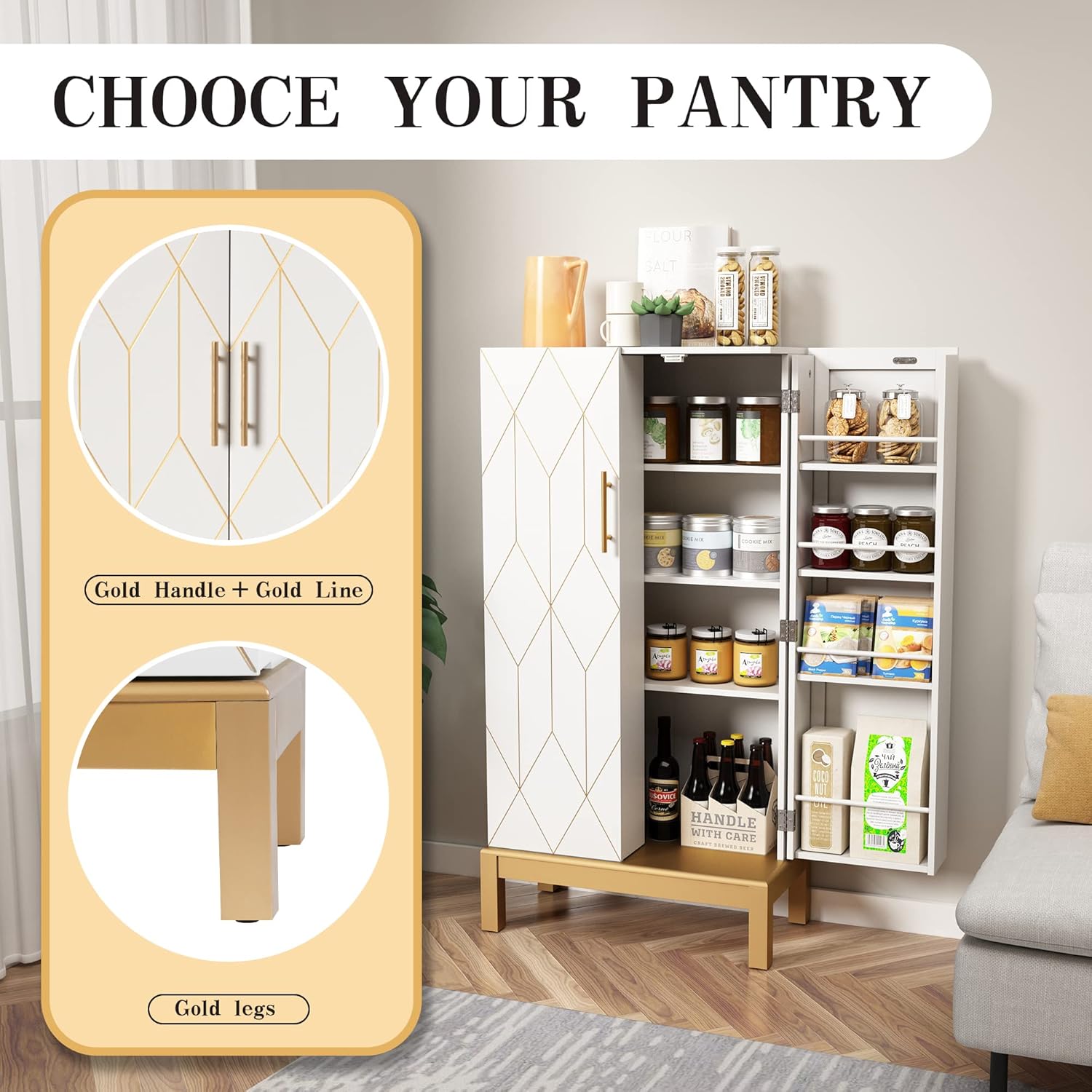 HLR® 45'' Kitchen Pantry Cabinet,Storage Cabinet with Doors and Adjustable Shelves