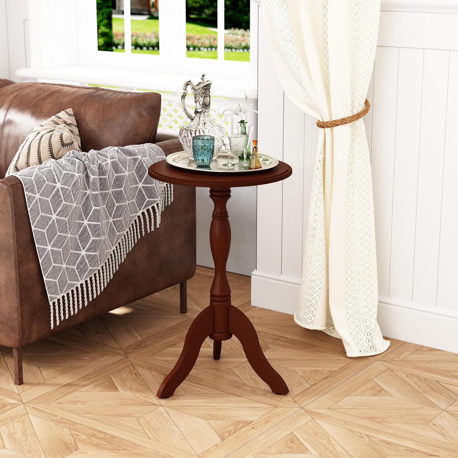 HLR® Round Small End Table, Wooden Pedestal Side Coffee Tables, Vintage Accent Nightstand