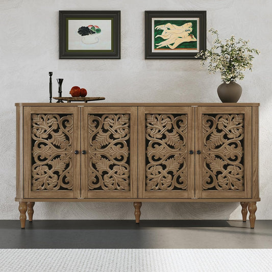 HLR® 63" Retro Arc Carved Sideboard Buffet Cabinet, Wooden Accent Cabinet with 4 Craft Doors