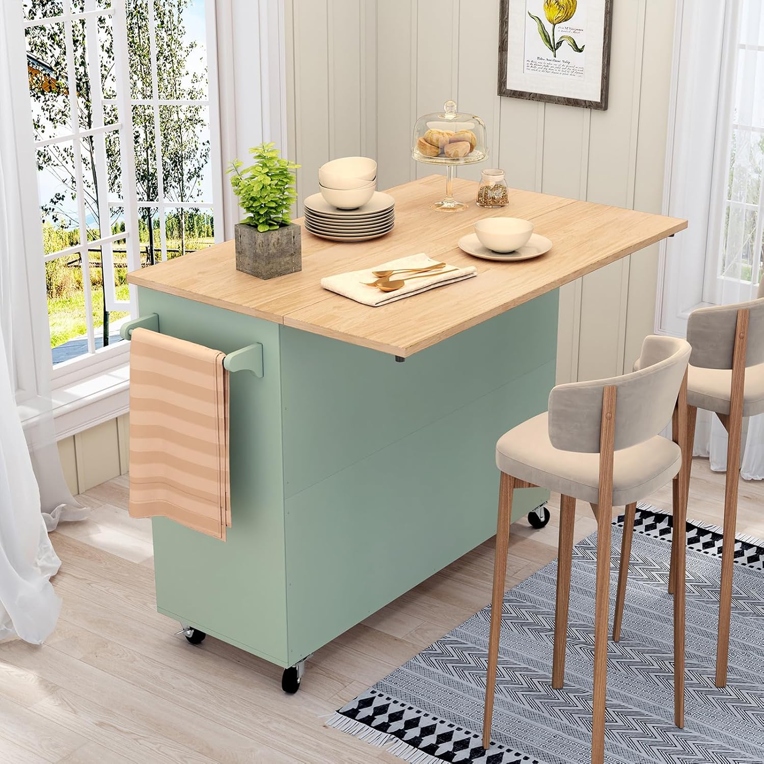 HLR® Kitchen Island with Storage, Sage Green Rolling Kitchen Cart on Wheels