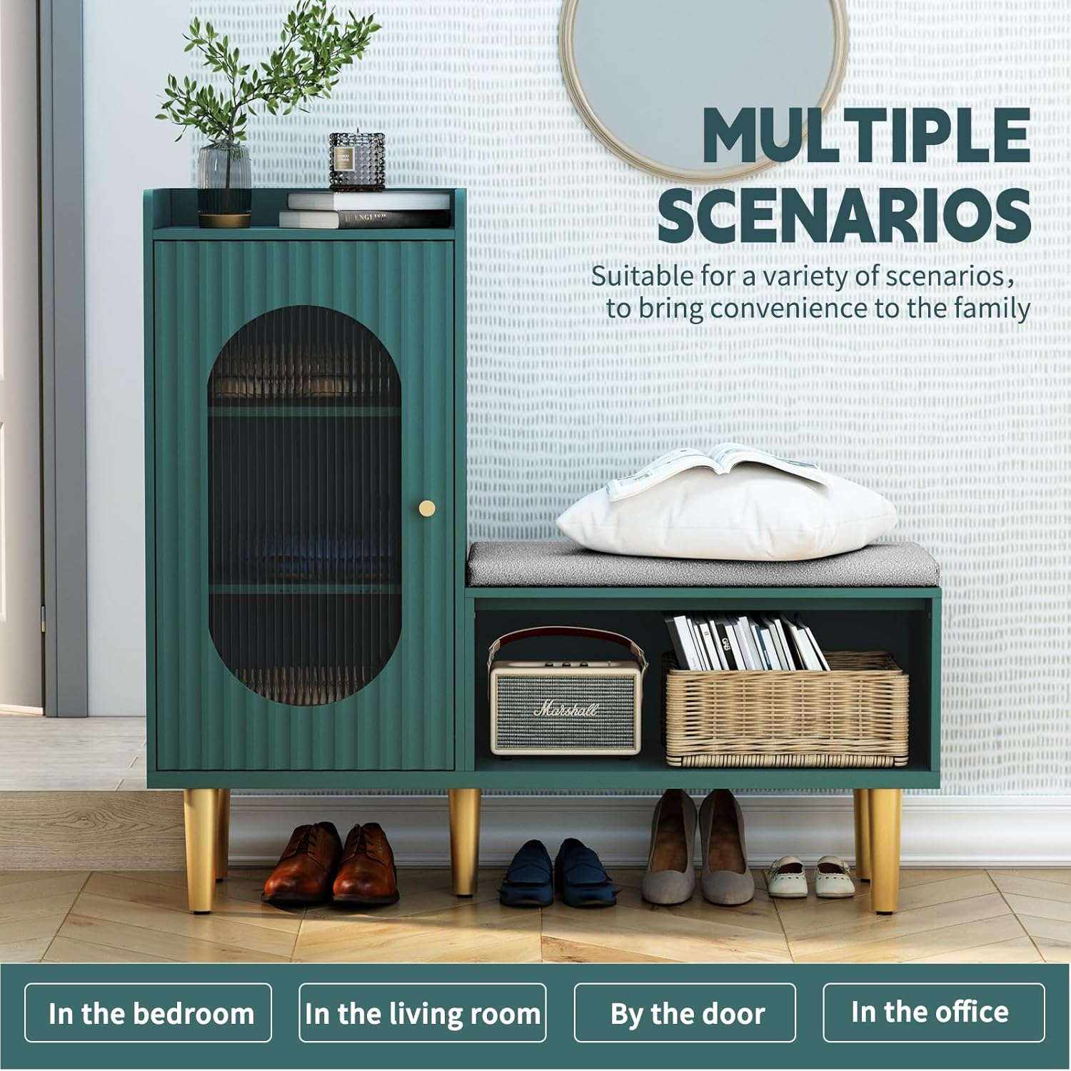 HLR® Storage Bench with Glass Door&Shelf, Modern Entryway Shoe Cabinet Bench
