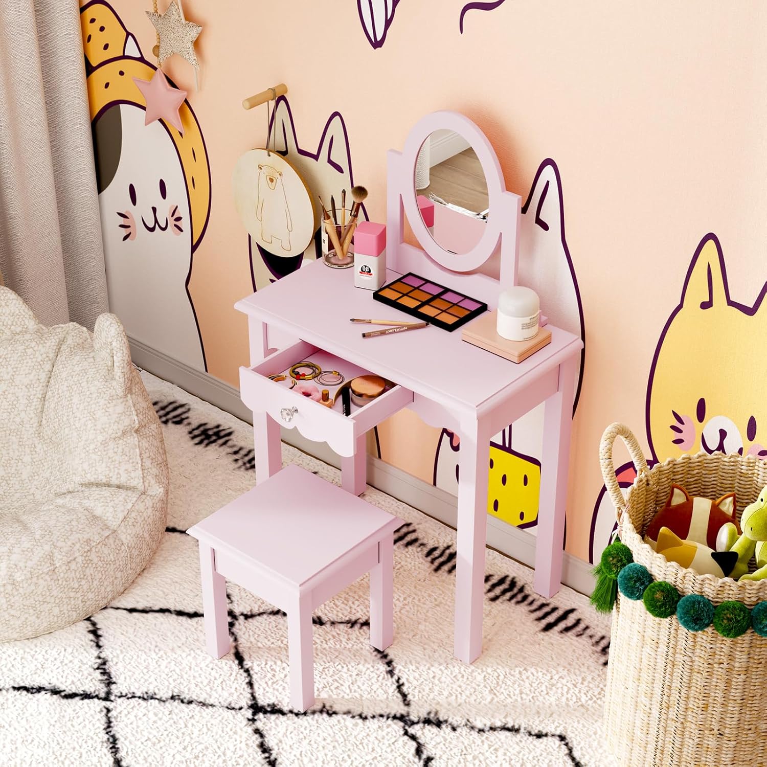 HLR® Kids Vanity, Girls Vanity Set with Mirror and Stool, Wooden 2 in 1 Princess Makeup Desk Dressing Table with Detachable Top