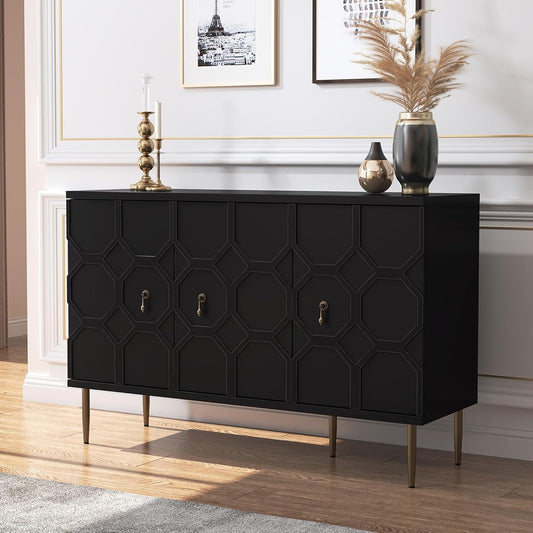 HLR® 47" White Sideboard Buffet Cabinet with Storage, 3 Decorative Embossed Pattern Doors