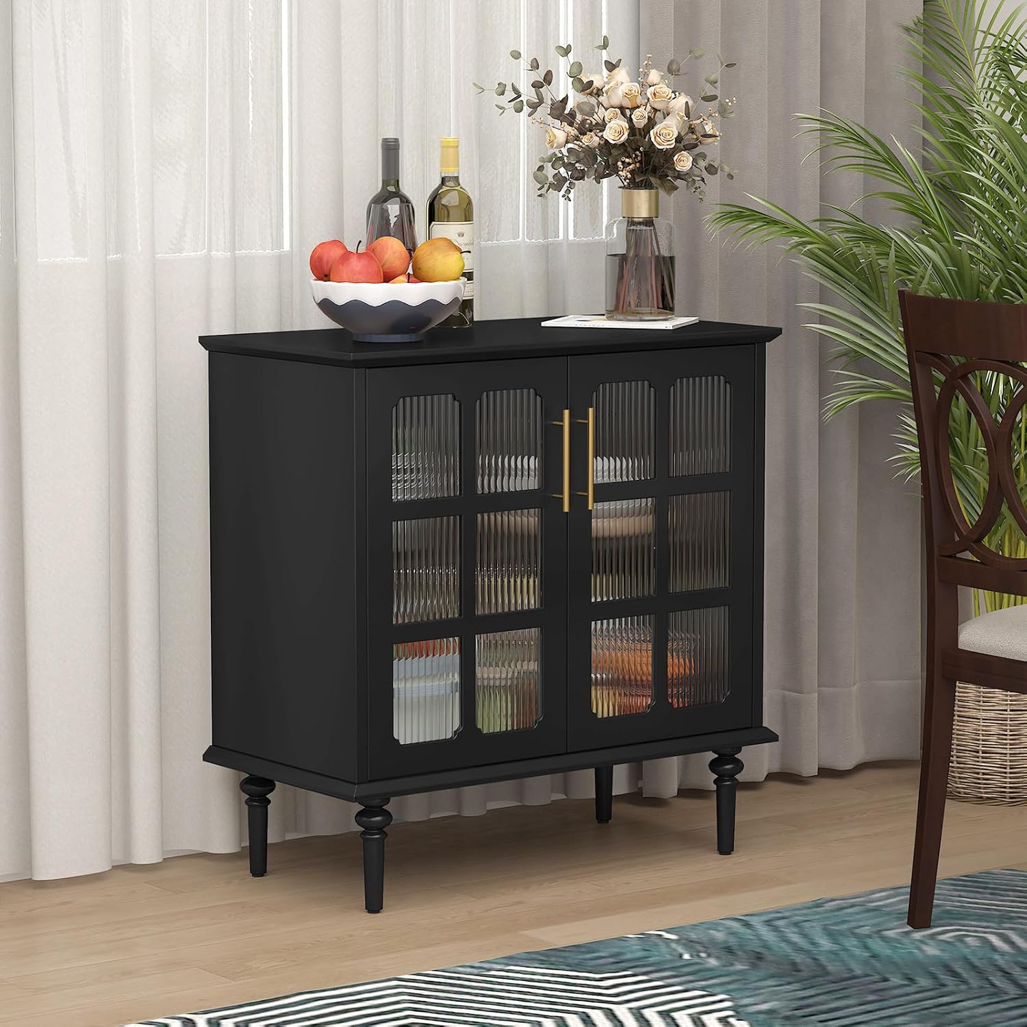 Buffet vintage HLR® avec 2 portes en verre à treillis, meuble d'appoint en bois 