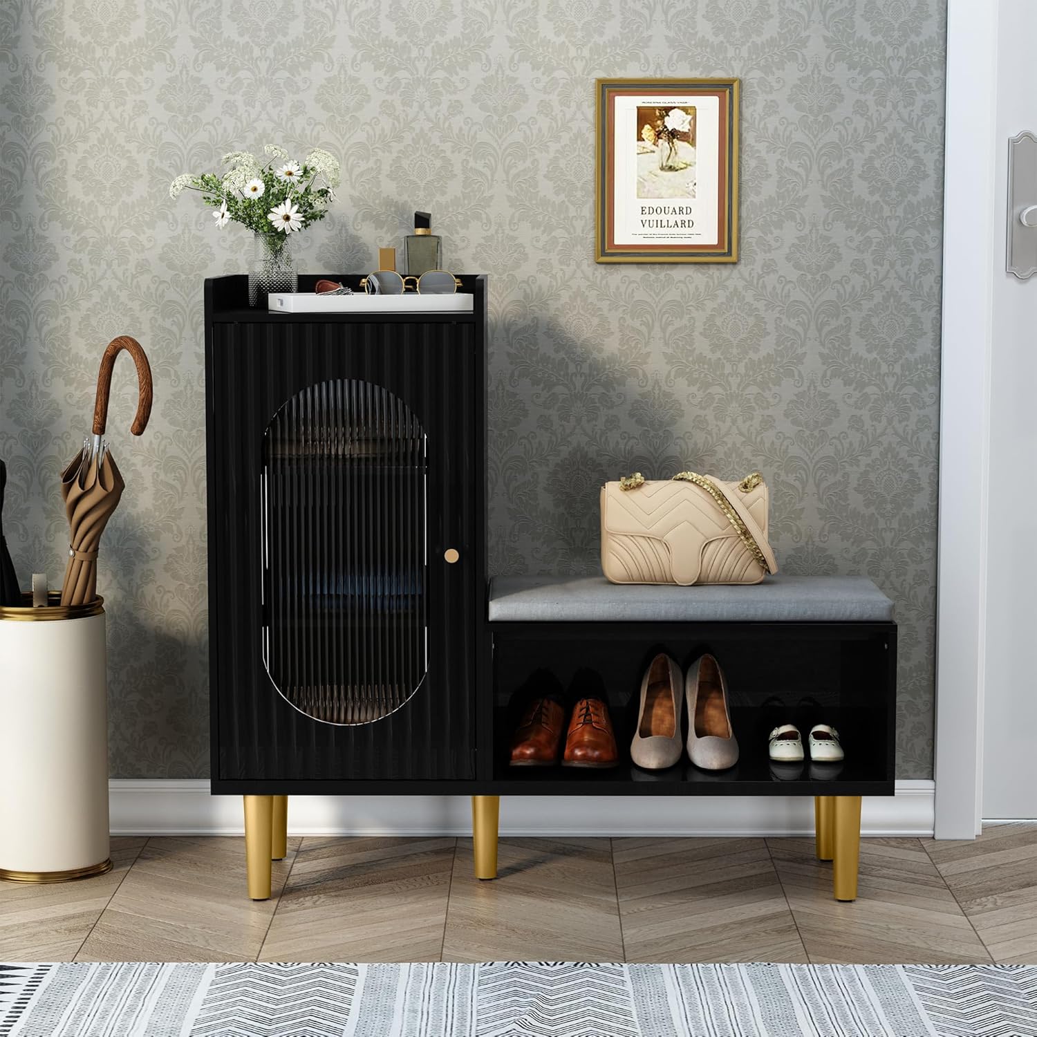 HLR® Storage Bench with Glass Door&Shelf, Modern Entryway Shoe Cabinet Bench