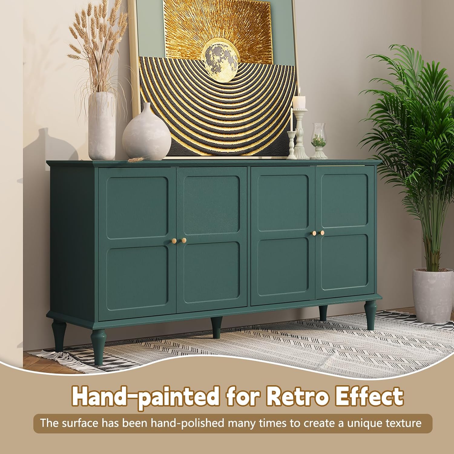 HLR® 58'' Mid-Century Modern Buffet Storage Cabinet with 4 Doors and Adjustable Shelves