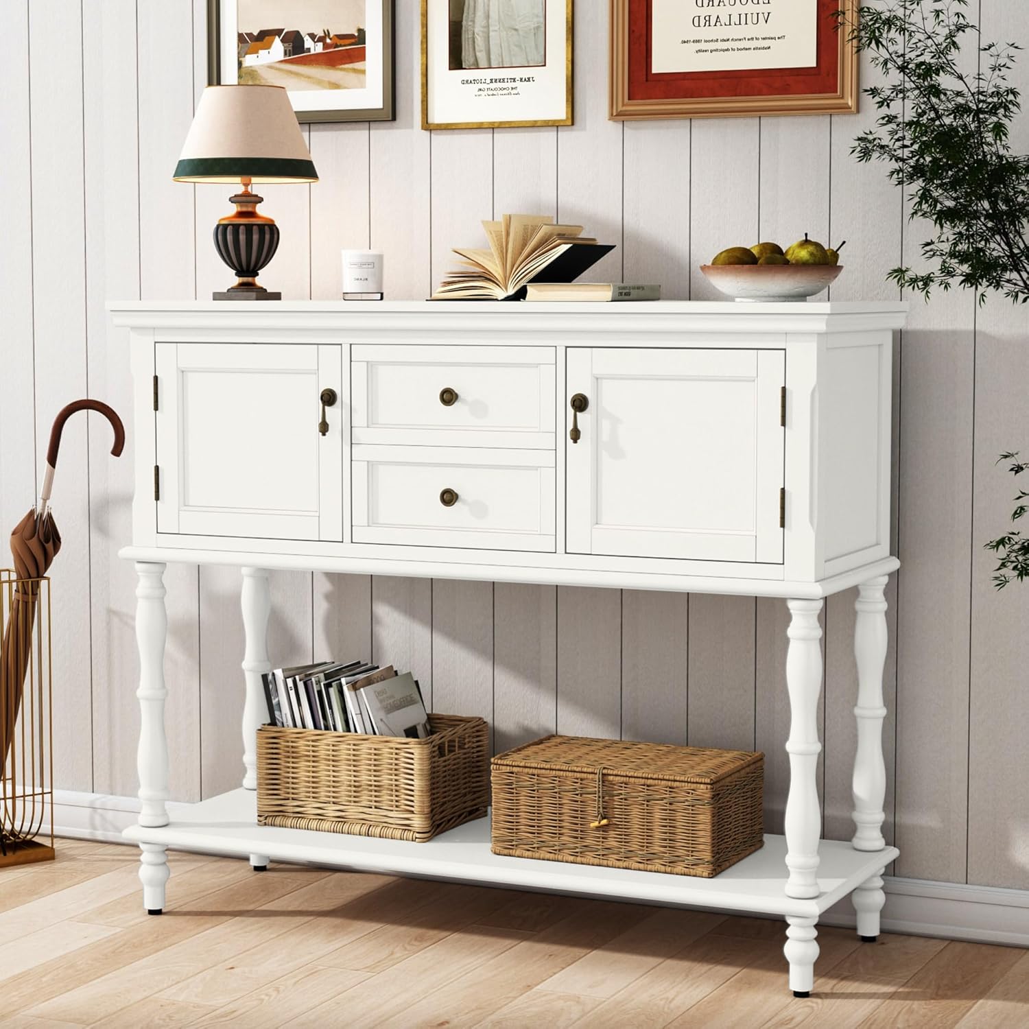 HLR® Console Table with 2 Drawers, Retro Entryway Table with 2 Door Cabinets and Open Storage Shelf