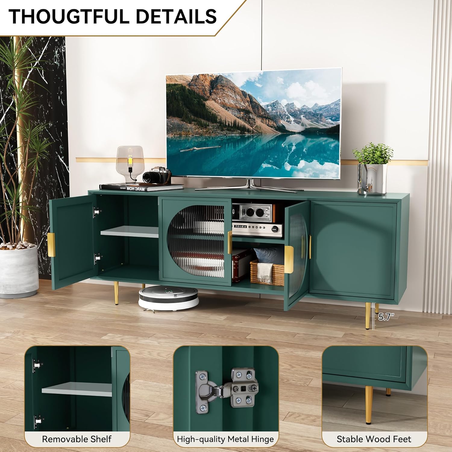 HLR® Modern TV Stand for TVs up to 70+ inch, Glass Door Television Console Table