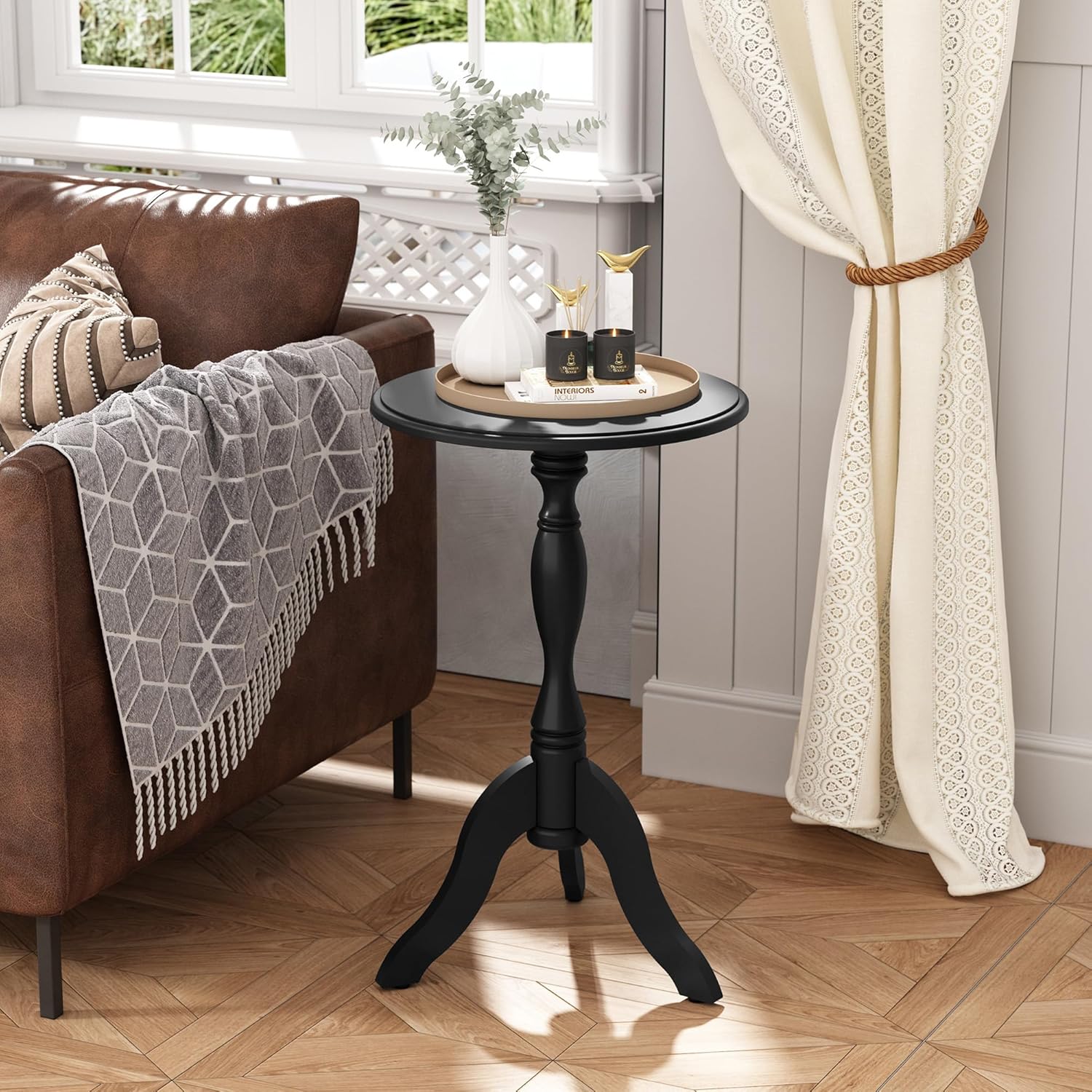 HLR® Round Small End Table, Wooden Pedestal Side Coffee Tables, Vintage Accent Nightstand