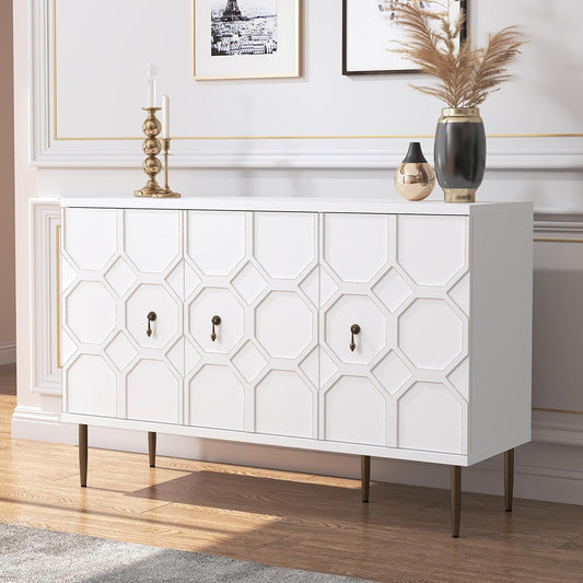 HLR® 47" White Sideboard Buffet Cabinet with Storage, 3 Decorative Embossed Pattern Doors