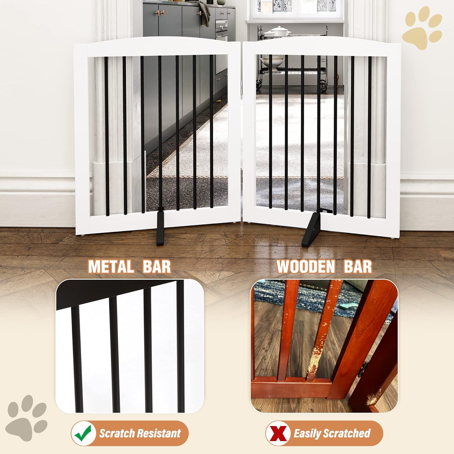 HLR® Freestanding Pet Gate for Dogs, Foldable Wooden Dog Gate, Indoor Pet Barrier for Stairs
