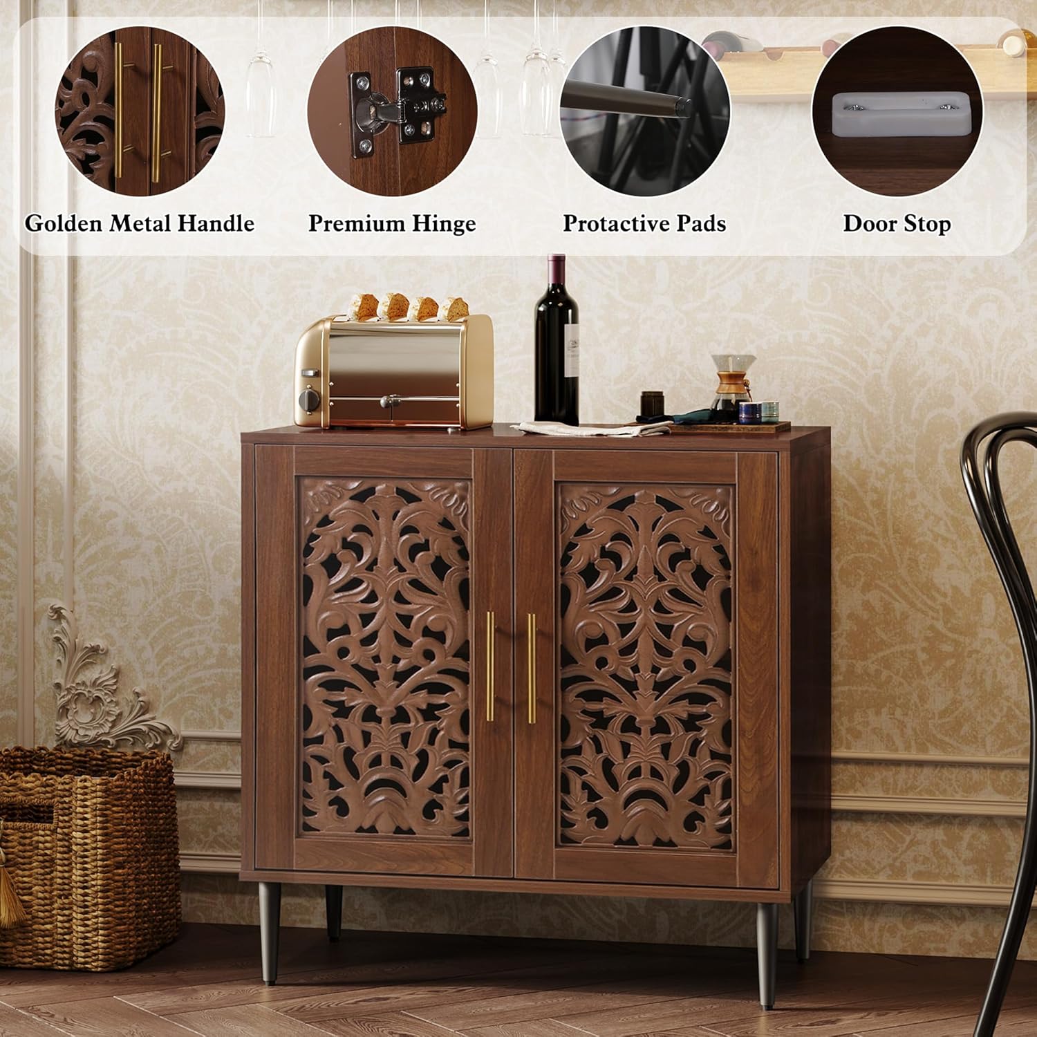 HLR® Accent Cabinet with 2 Doors, Vintage Hollow Carving Buffet Cabinet, Sideboards and Buffets