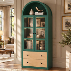 HLR 71" Arched Bookcase with Glass Doors & 2 Drawers, Tall Storage Cabinet