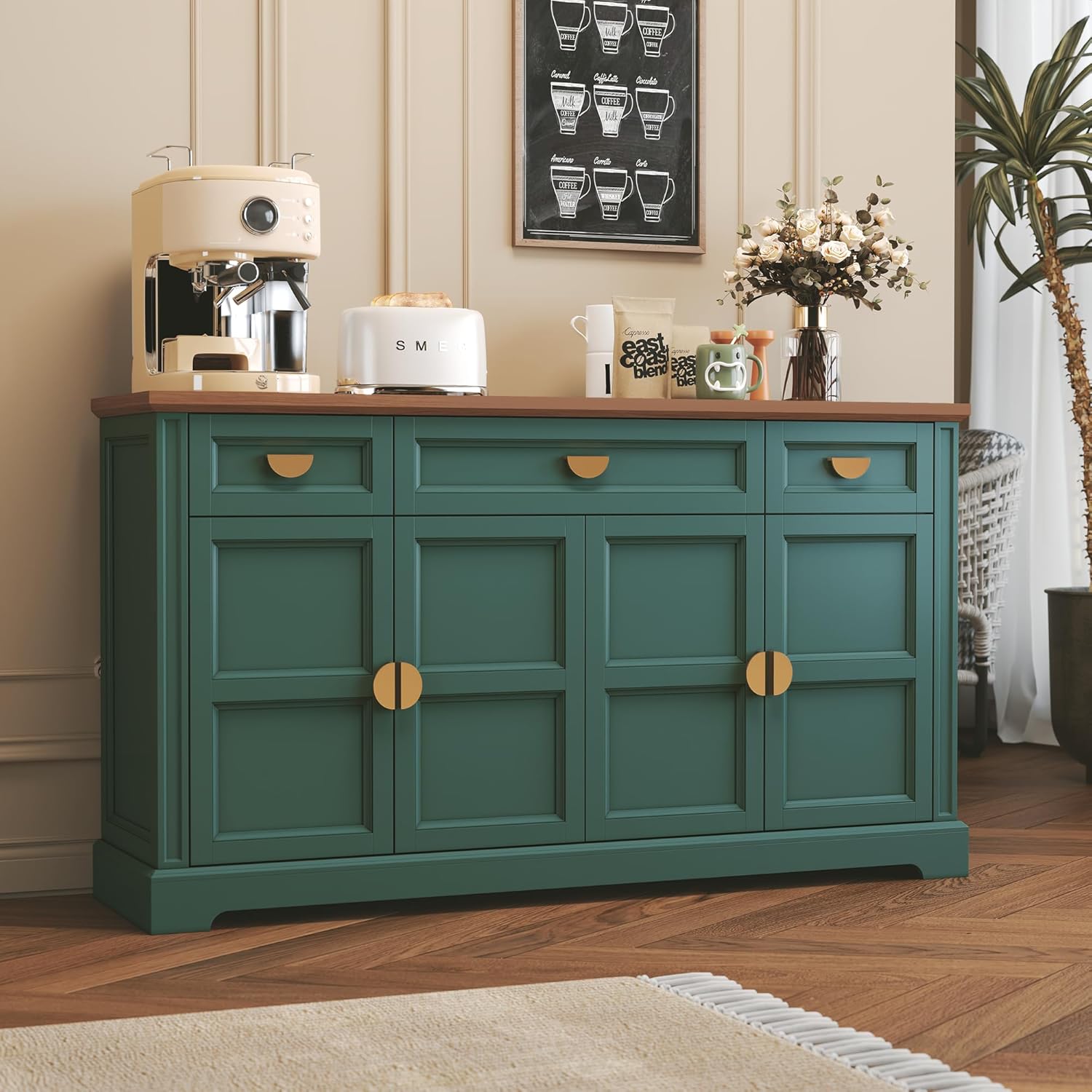 (Newest) HLR® 60” Large Buffet Sideboard Cabinet with 4 Doors and 3 Drawers Shaker Style