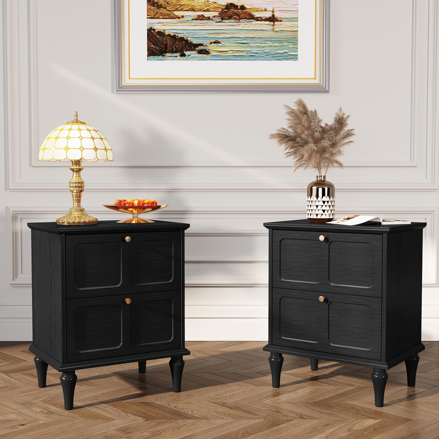 HLR® Mid-Century Modern Nightstand Set of 2, with Storage Drawers and Solid Wood Legs