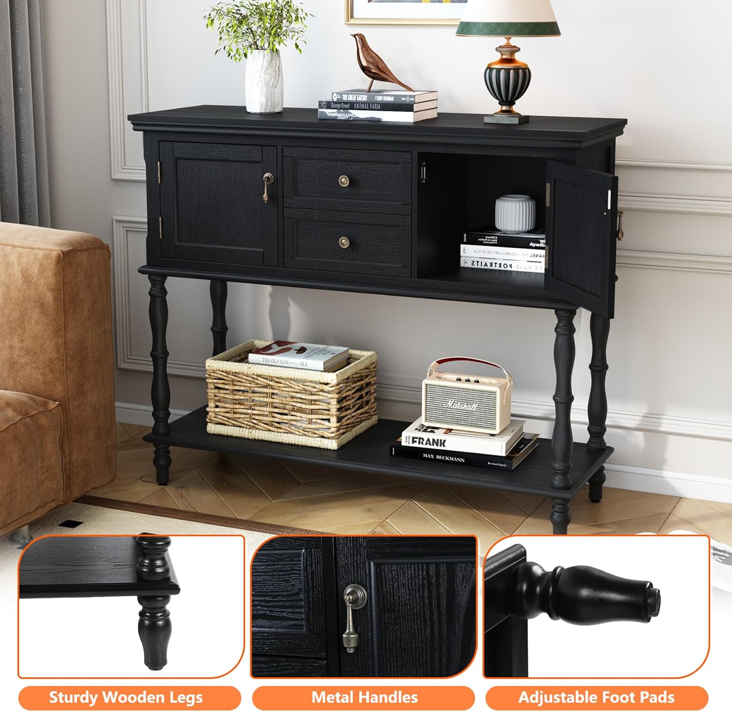 HLR® Console Table with 2 Drawers, Retro Entryway Table with 2 Door Cabinets and Open Storage Shelf