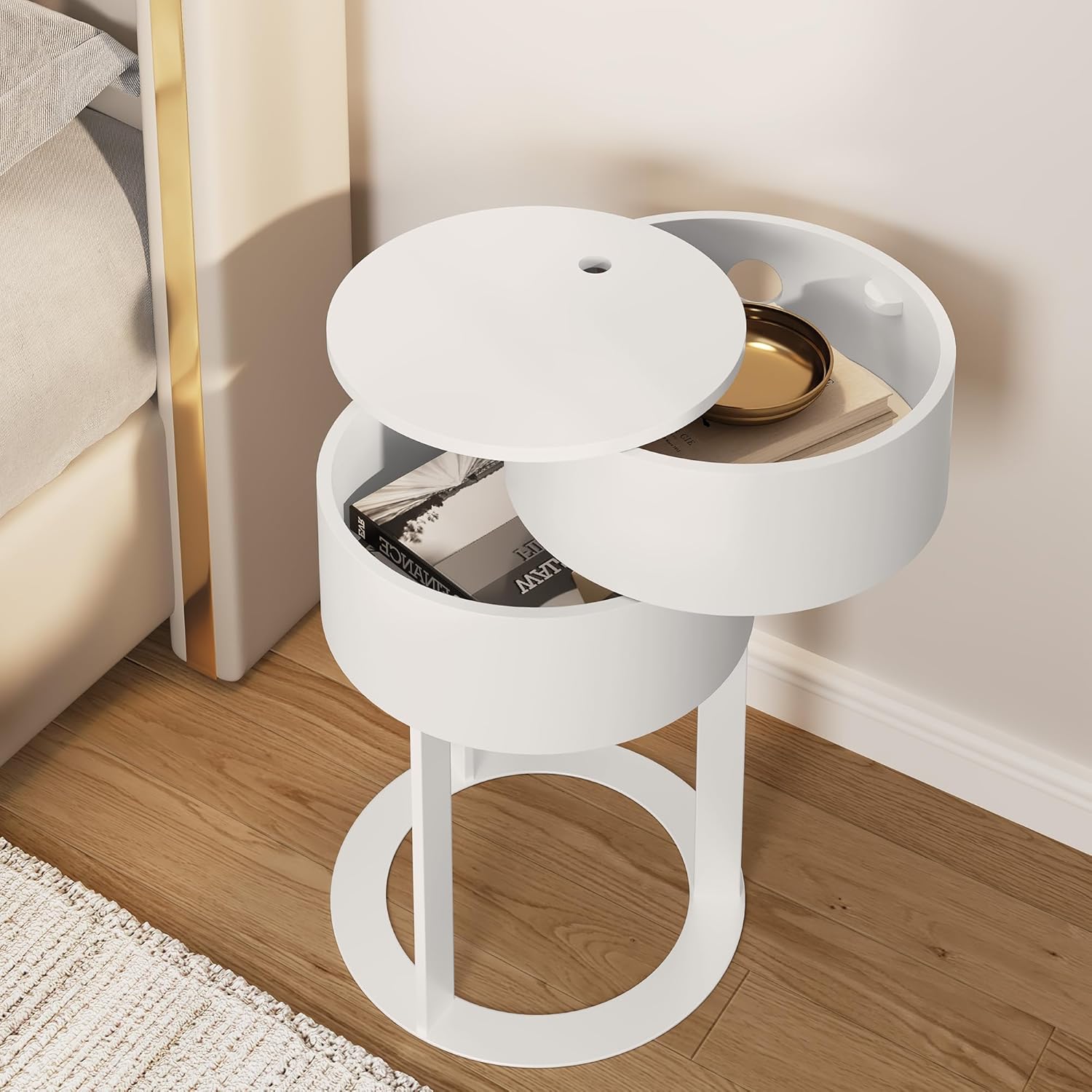HLR® Round Side Table with Hidden Storage Drawers, Modern Nightstand with Swivel Drawer,
