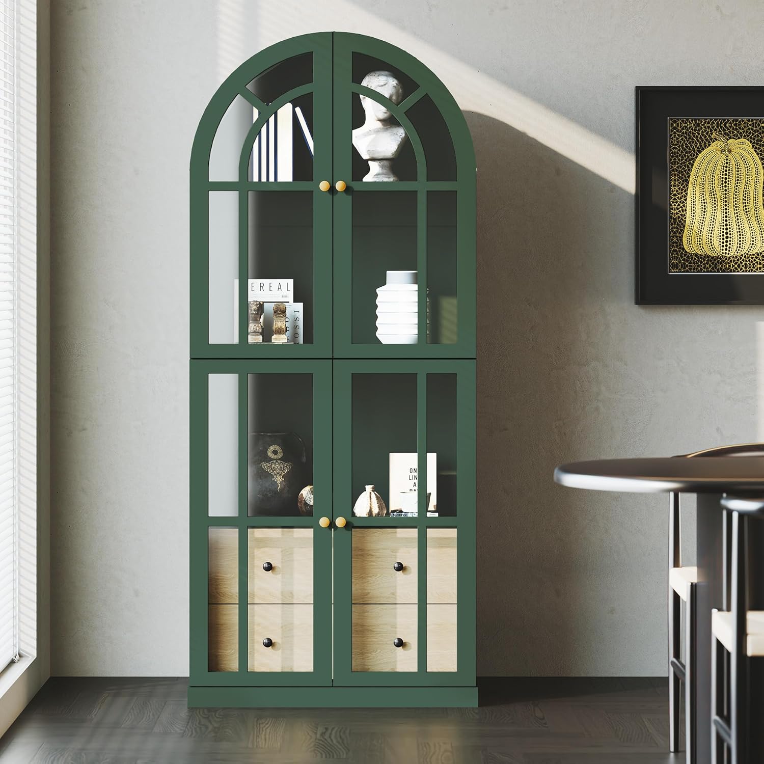 HLR® Arched Bookcase,71’’Tall Arched Cabinet with Glass Door Drawers and Shelves