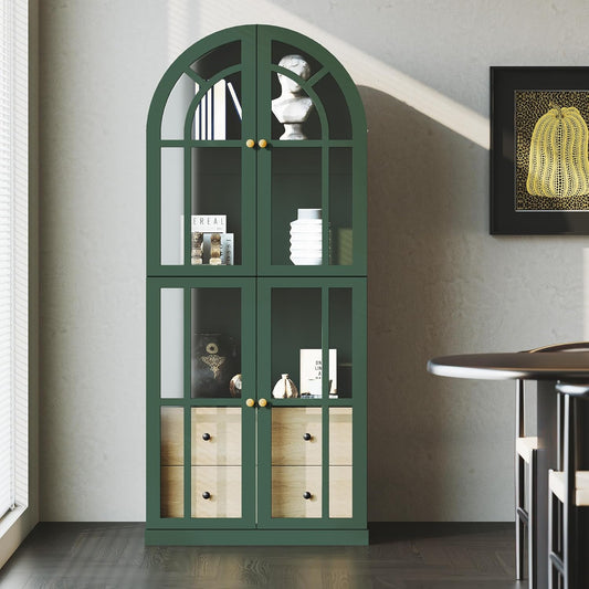 HLR® Arched Bookcase,71’’Tall Arched Cabinet with Glass Door Drawers and Shelves