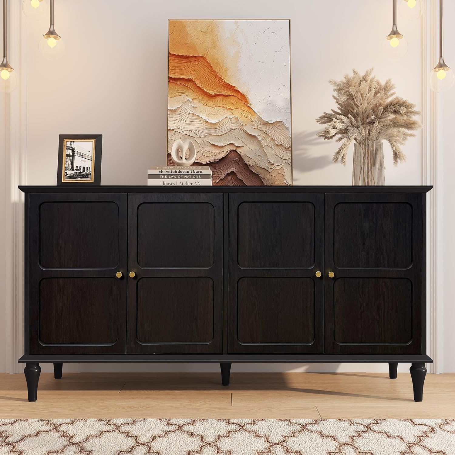 HLR® 58'' Mid-Century Modern Buffet Storage Cabinet with 4 Doors and Adjustable Shelves