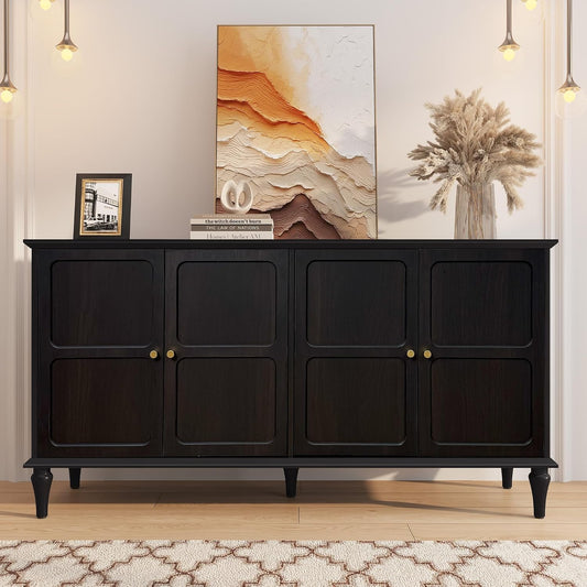 HLR® 58'' Mid-Century Modern Buffet Storage Cabinet with 4 Doors and Adjustable Shelves