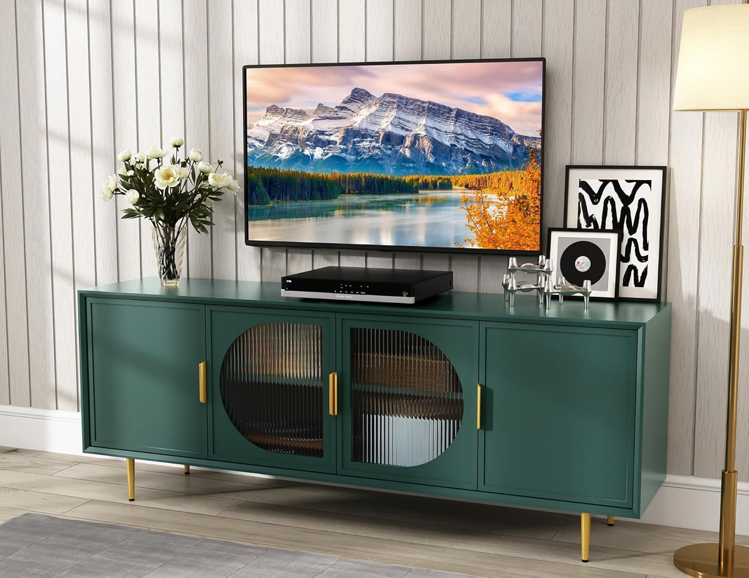 HLR® Modern TV Stand for TVs up to 70+ inch, Glass Door Television Console Table