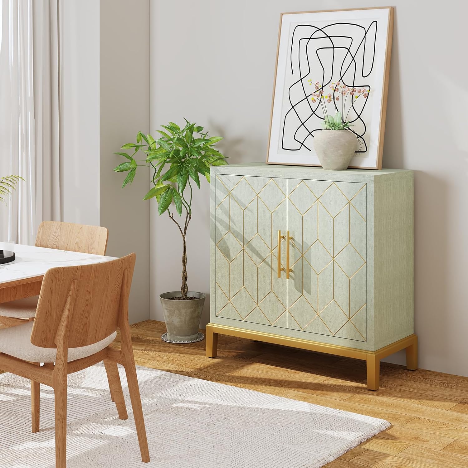 HLR® Green Accent Cabinet with Gold Trim, Storage Cabinet with 2/4 Doors