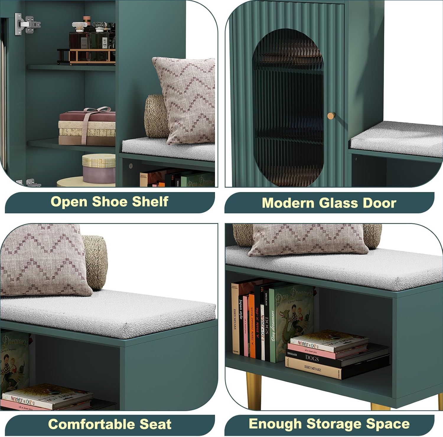 HLR® Storage Bench with Glass Door&Shelf, Modern Entryway Shoe Cabinet Bench