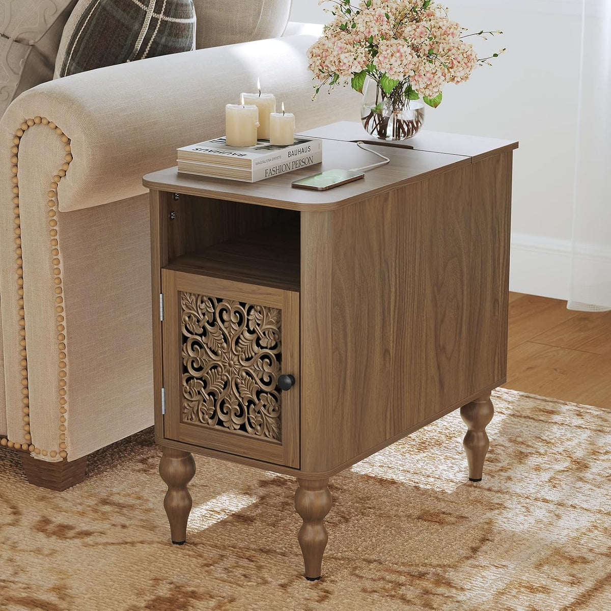 HLR Narrow Side Table with Charging Station & Curved Carved Door, 1-Pack