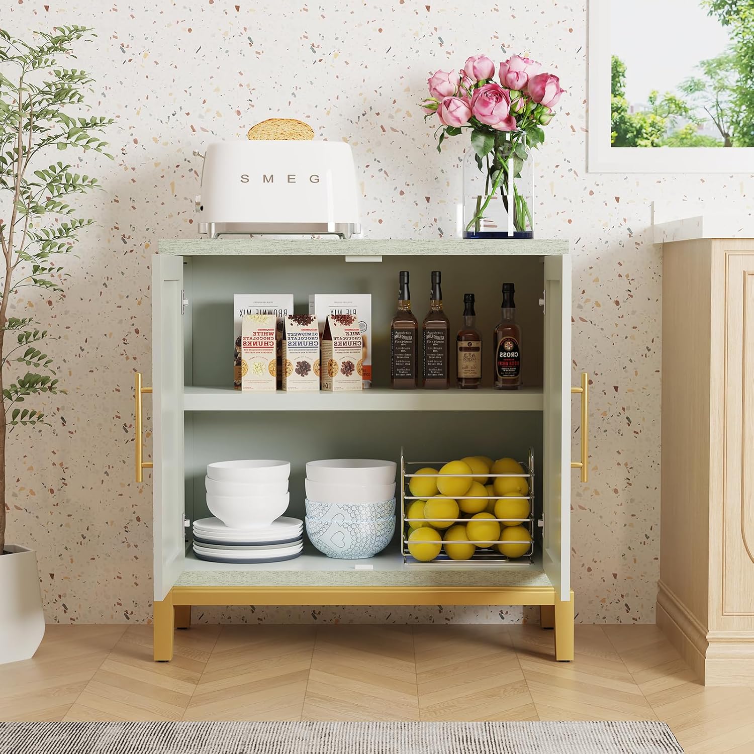 HLR® Green Accent Cabinet with Gold Trim, Storage Cabinet with 2/4 Doors