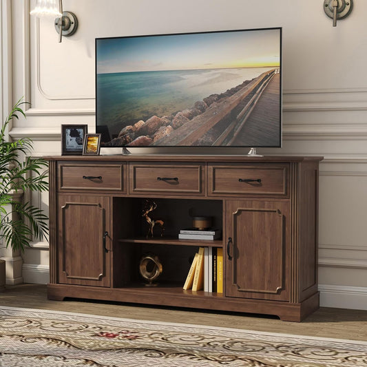 HLR® TV Stand with 3 Drawers for TV up to 65'', Wood Mid Century Television Cabinet