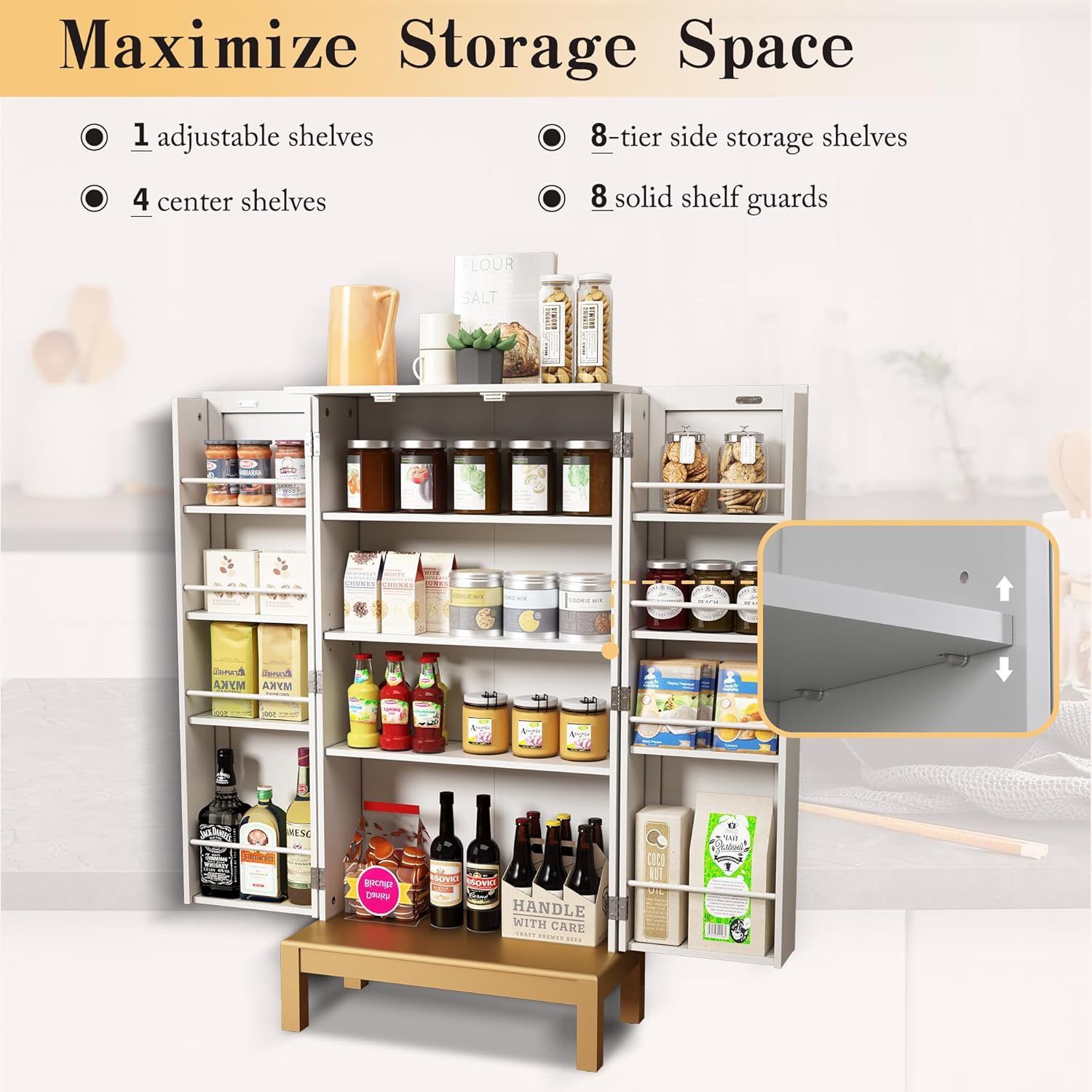 HLR® 45'' Kitchen Pantry Cabinet,Storage Cabinet with Doors and Adjustable Shelves