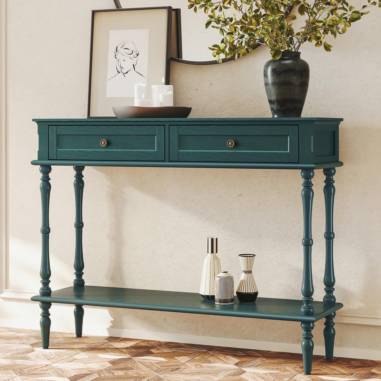 HLR® Console Table for Entryway with 2 Drawers-Black Retro