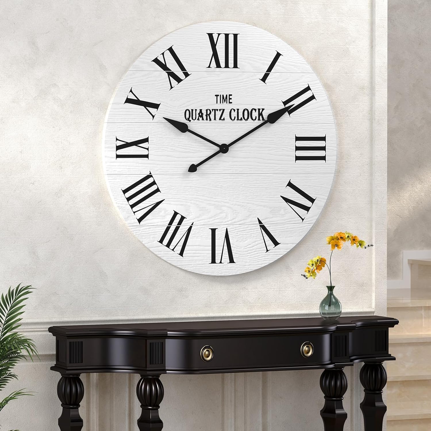 HLR® Large Farmhouse Wall Clock, 35.5” Shiplap Wall Clock with Roman Numeral, Nearly Non-Ticking, Round Wall Clocks