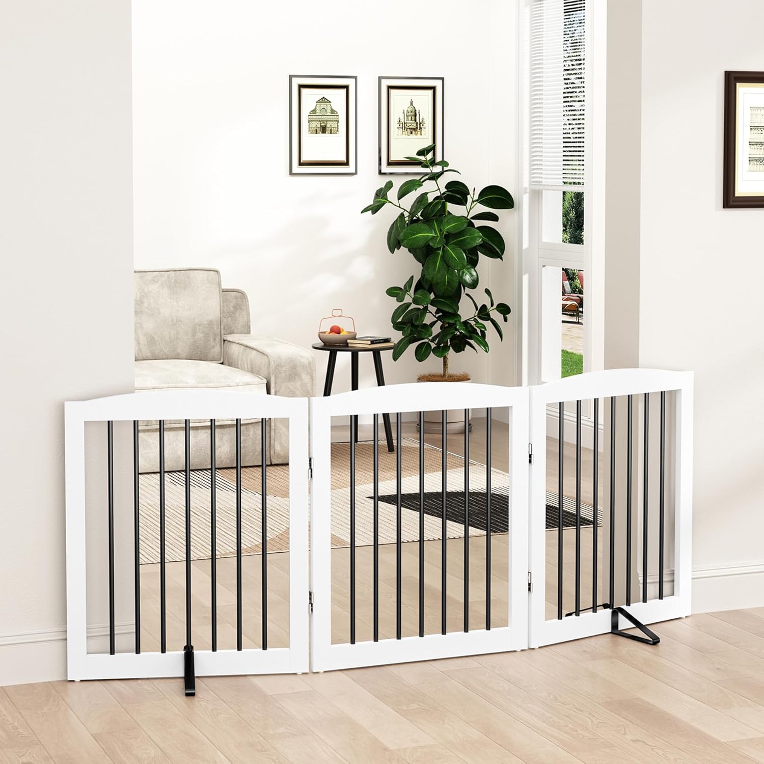 HLR® Freestanding Pet Gate for Dogs, Foldable Wooden Dog Gate, Indoor Pet Barrier for Stairs