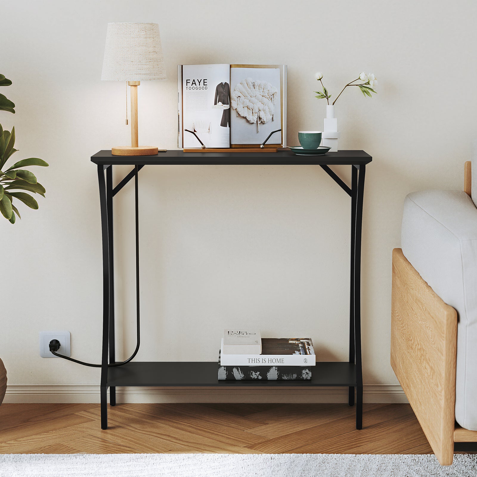 CBJCBJ Narrow Console Table with Charging Station, 2-Tier Simple Entryway Table for Living Room Hallway,Black