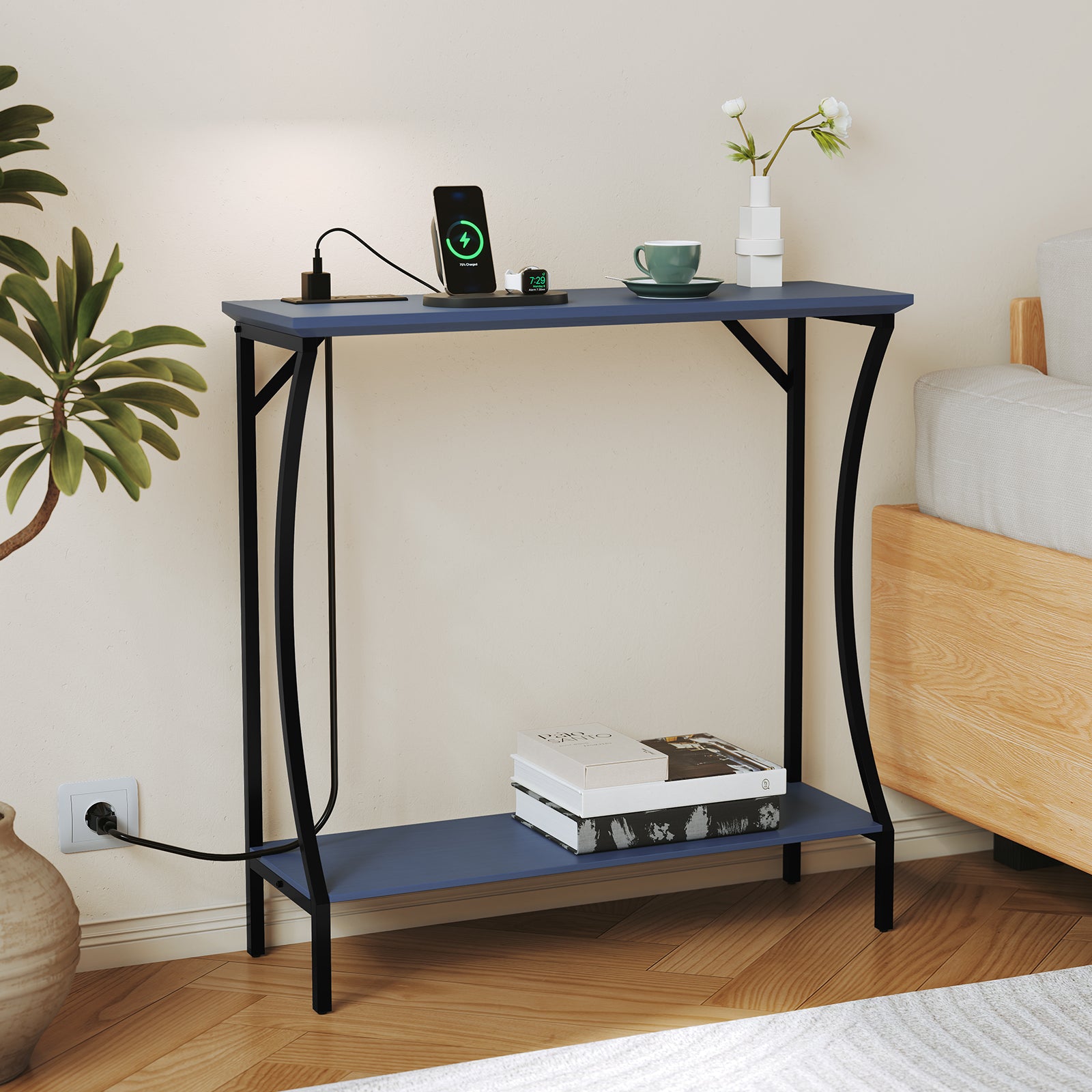 CBJCBJ Narrow Console Table with Charging Station, 2-Tier Simple Entryway Table for Living Room Hallway,Blue