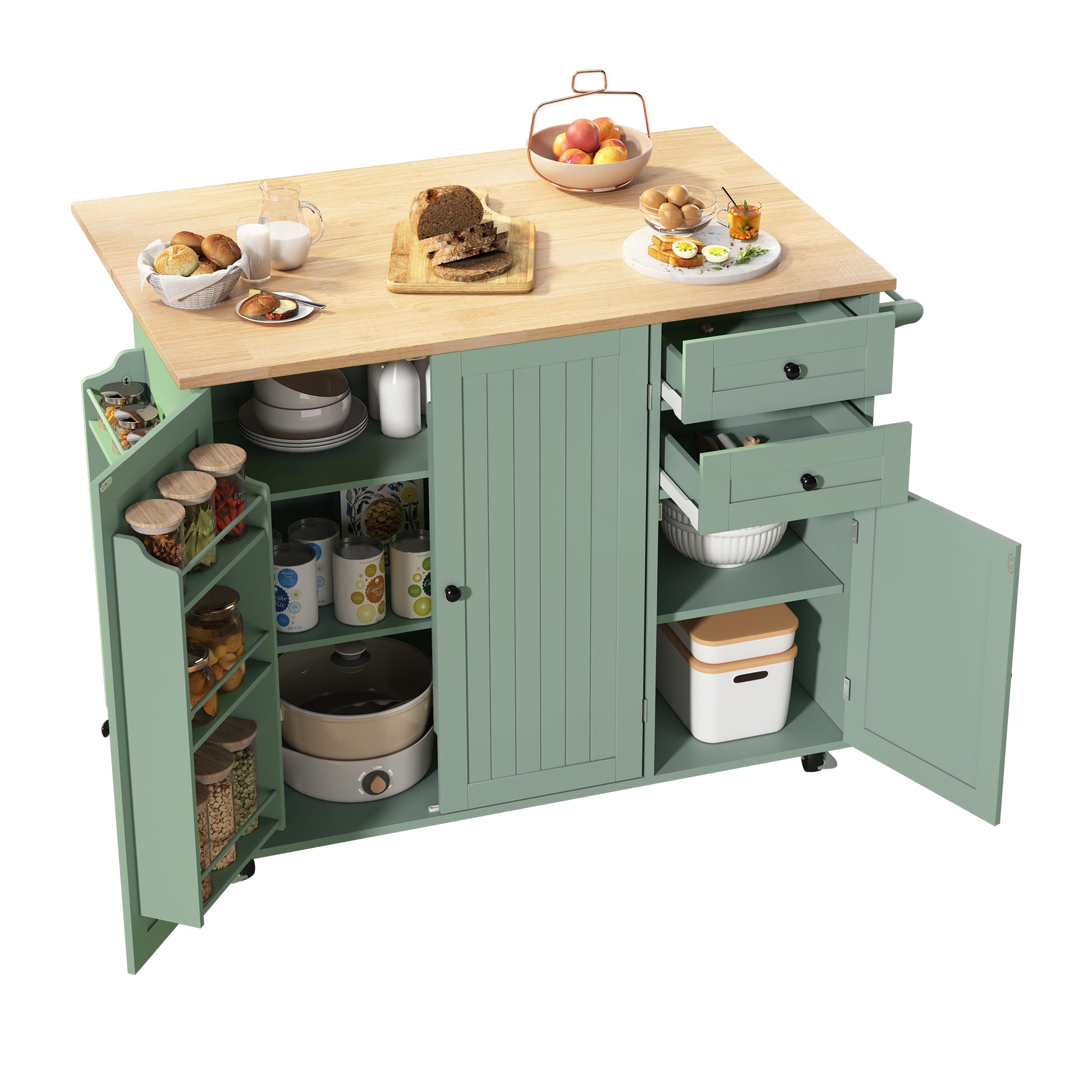 HLR 50.39" Kitchen Island with Storage, Wood Top Cart with Drop Leaf and Wheels, Green