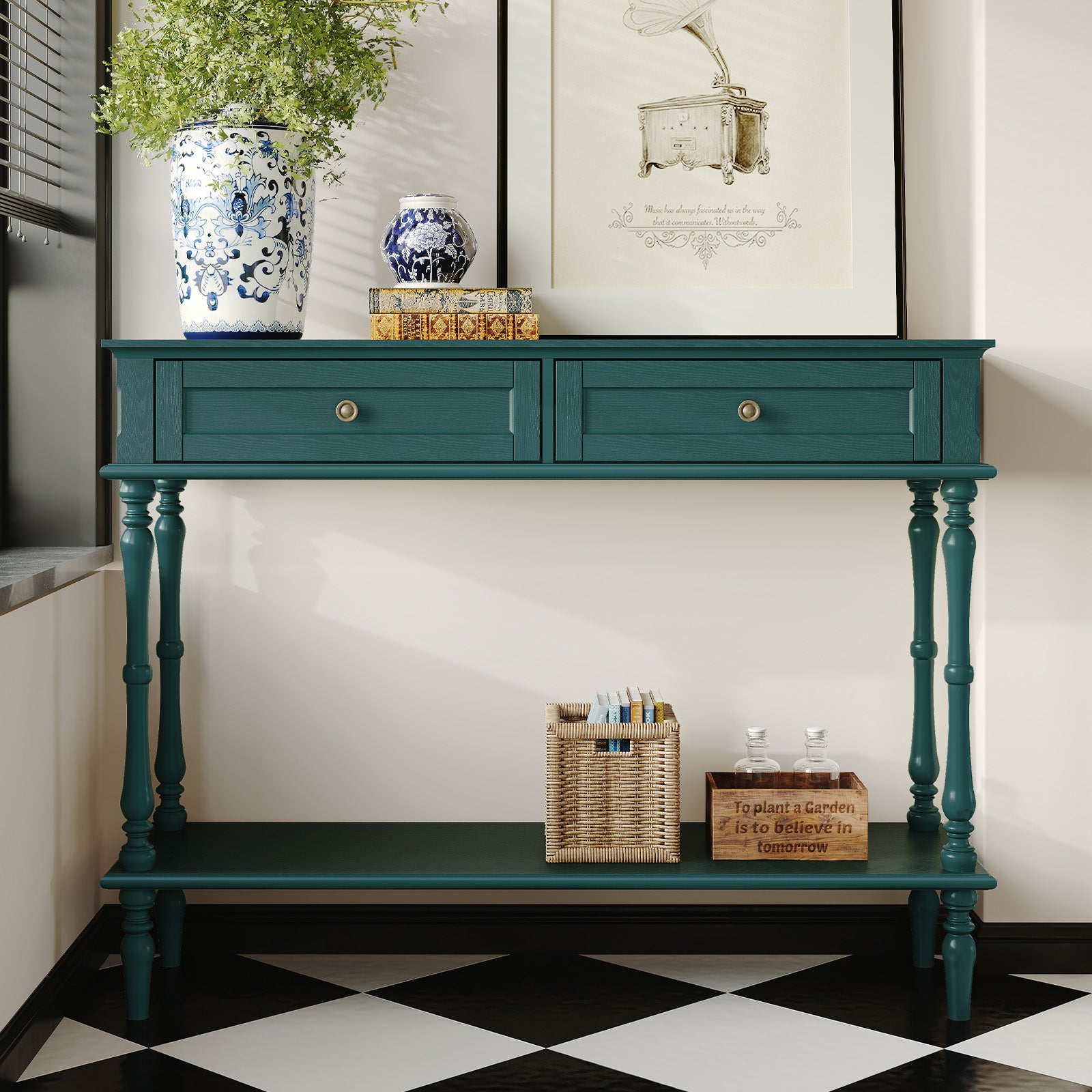 HLR 40" Modern Console Table, Assembled Entryway Table with 2 Drawers for Living Room, Green