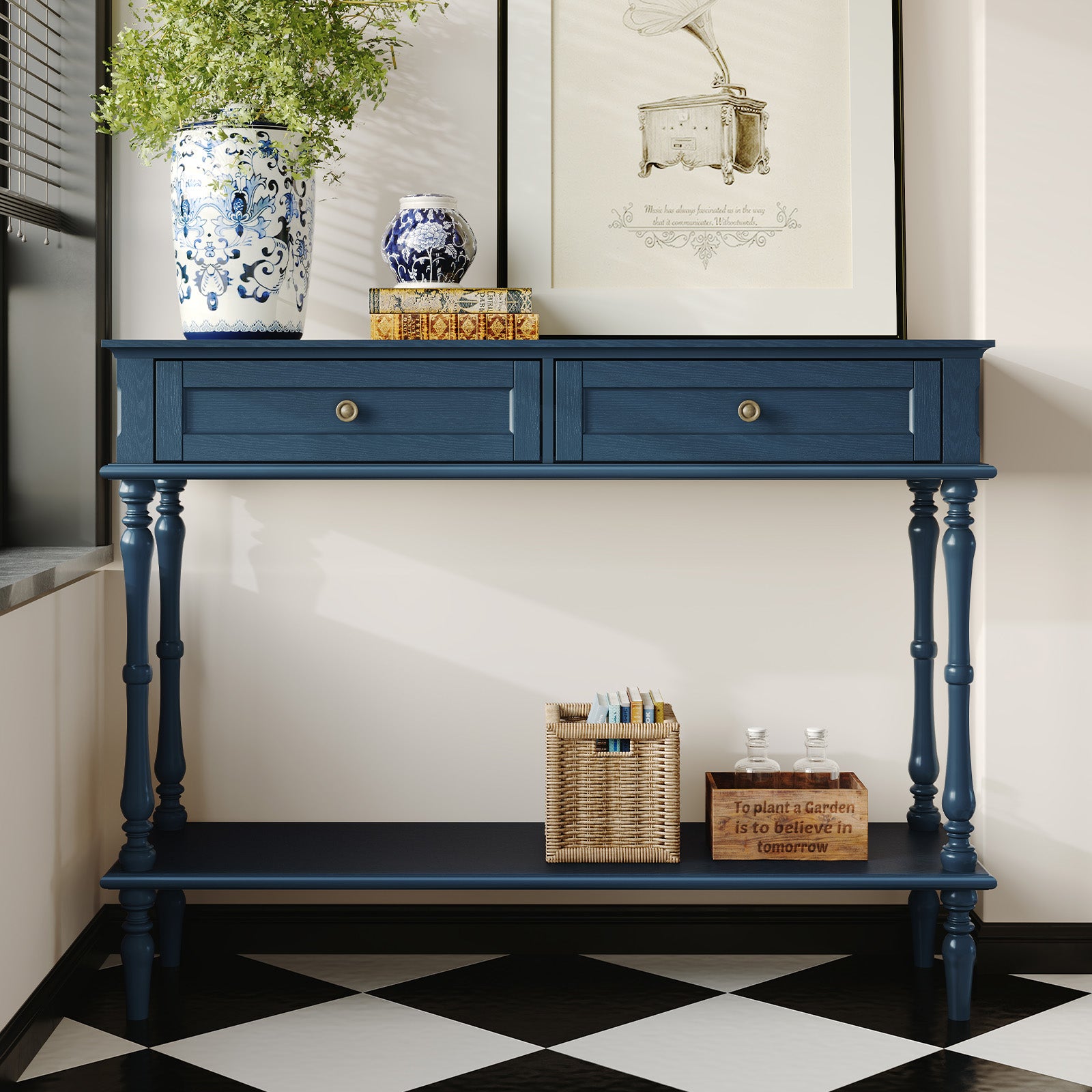 CBJCBJ40"Vintage Minimal Assembly Console Table with 2 Storage Drawers,Suitable for Living Room,Blue