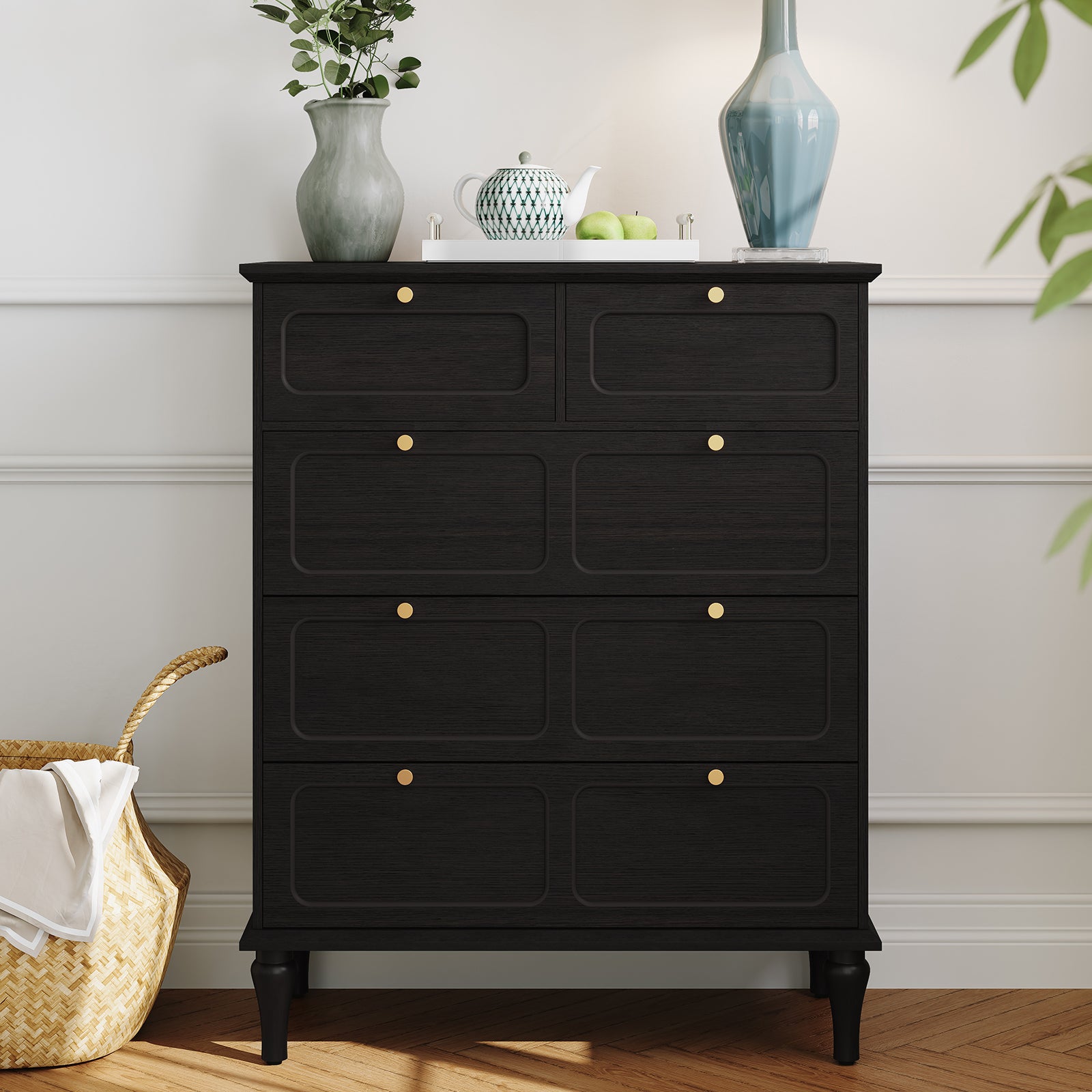 HLR 40" Mid-century 5 Drawer Dresser for Bedroom, Small Dressers & Chest of Drawers, Black