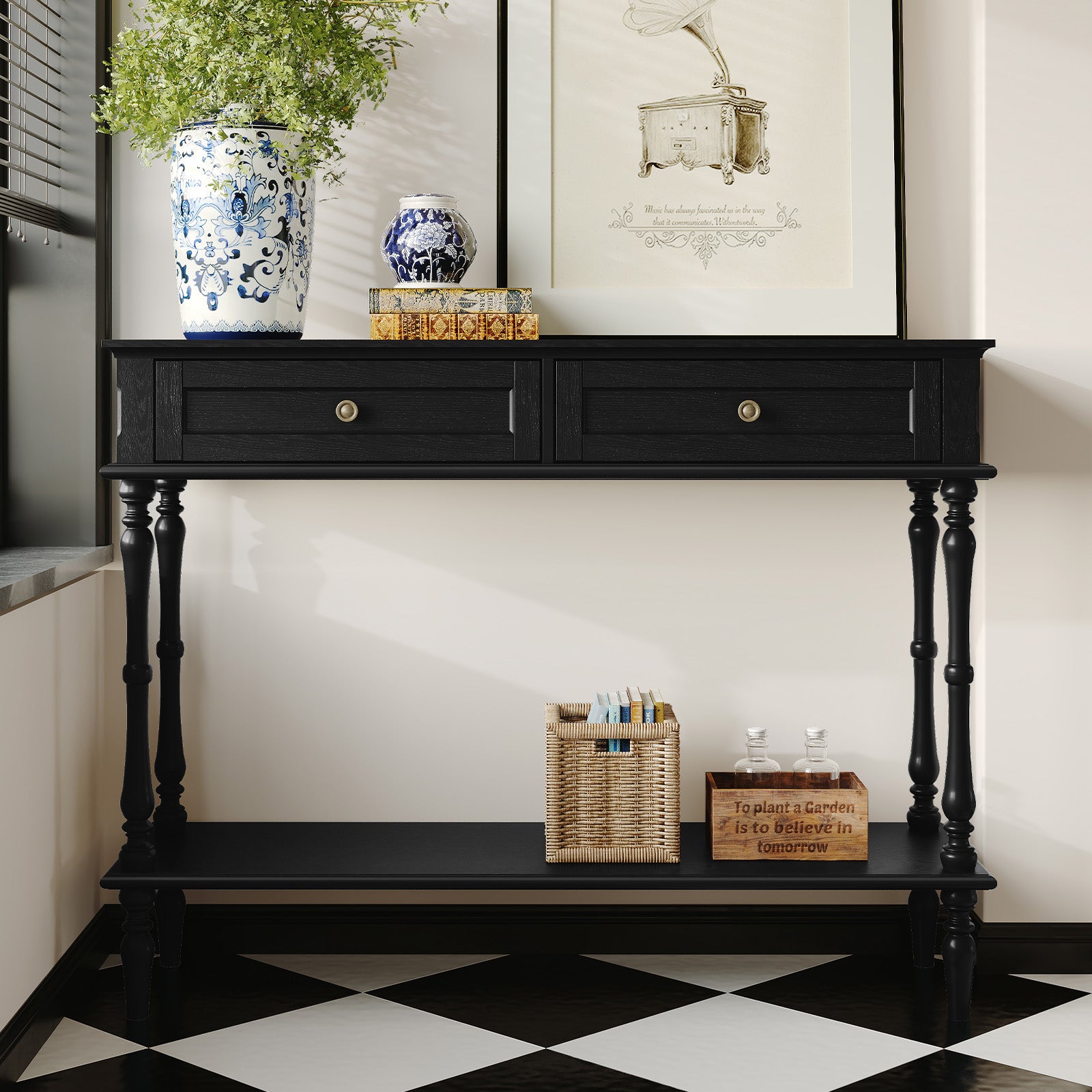 CBJCBJ40"Vintage Minimal Assembly Console Table with 2 Storage Drawers,Suitable for Living Room,Black