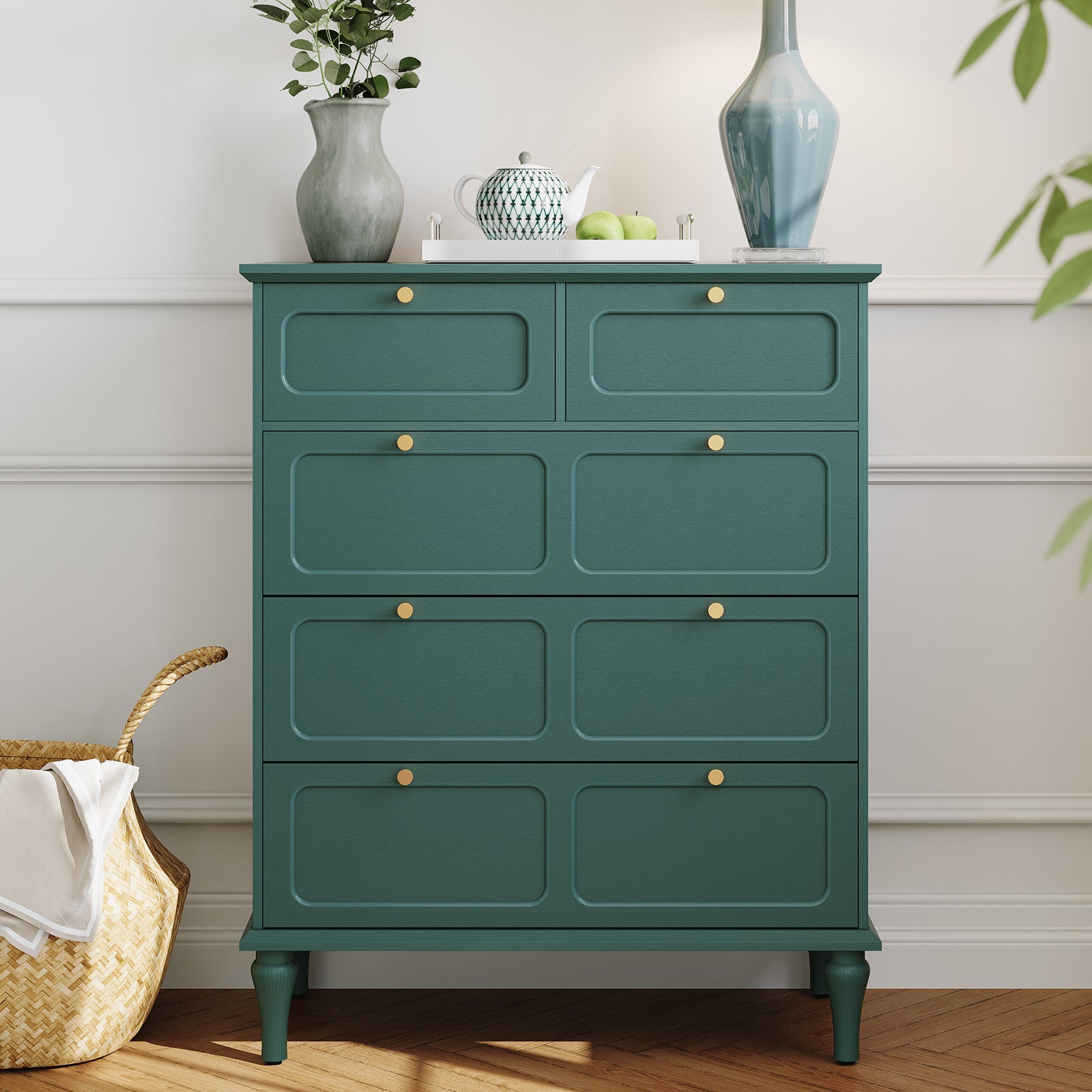 HLR 40" Mid-century 5 Drawer Dresser for Bedroom, Small Dressers & Chest of Drawers,Green