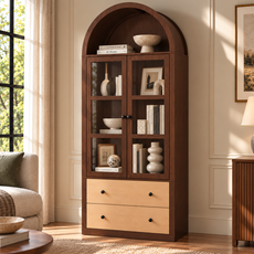 HLR 71" Tall Arched Modern Display Cabinet with Drawers, Curio Bookcase Cabinet with Glass Doors, Brown
